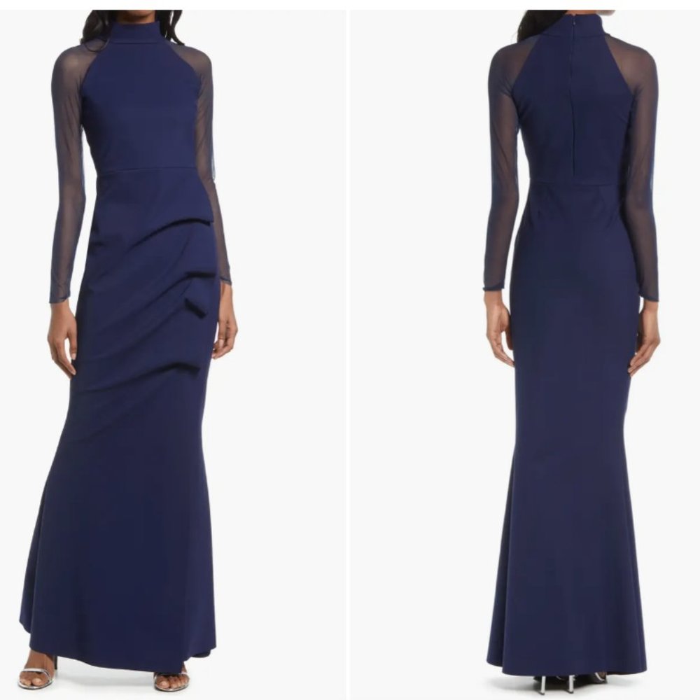 CHIARA BONI LA PETITE ROBE MAYLYS ILLUSIONS MESH MOCK NECK NAVY GOWN 42 IT/6 US